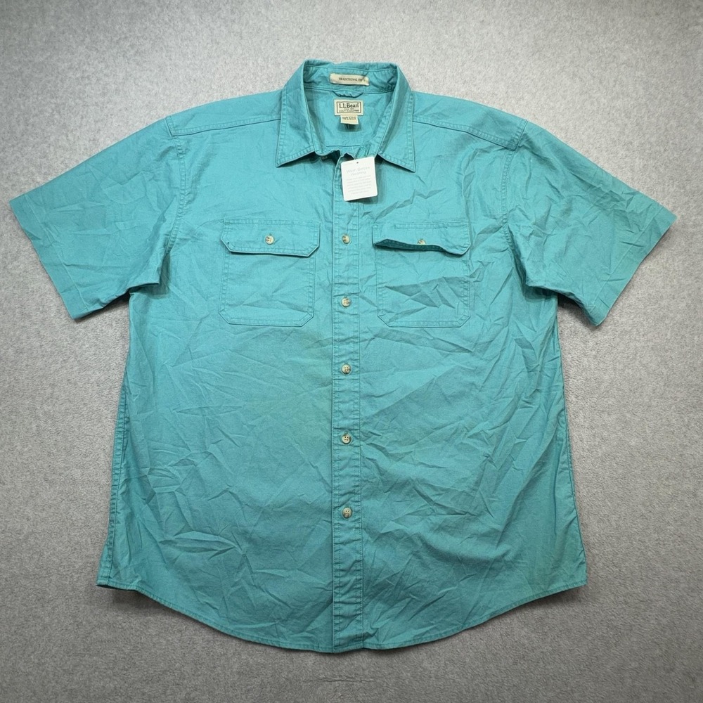 LL Bean Sunwashed Canvas Shirt Mens Large Teal Blue Short Sleeve Cotton Casual